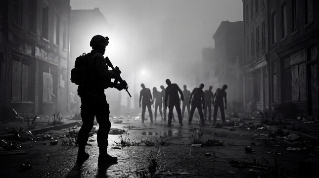 Silhouette of a soldier facing a group of zombies in a foggy abandoned street. A Battlefield of Inner Shadows