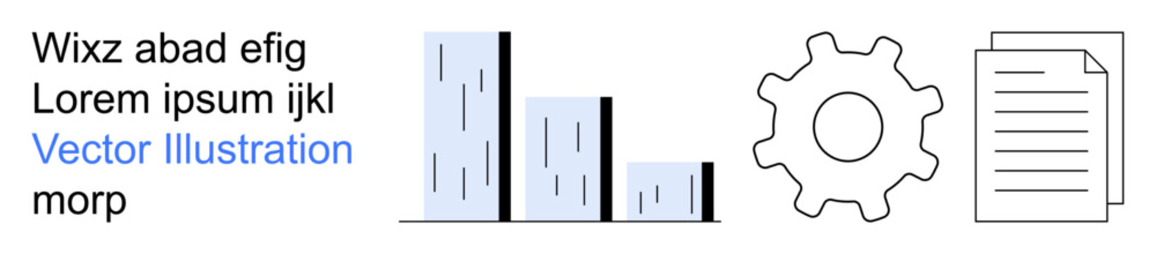 Business analytics, workflow integration, project planning, productivity tools, data management, strategy development. A bar chart, gear and document icons in minimalist design. Business analytics