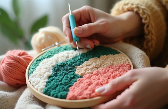 Woman hands punch needle colorful yarn for textured textile art. Craft project uses embroidery hoop and wool threads. Cozy home hobby creates decorative piece.