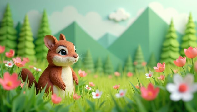 Cute cartoon woodchuck sits in green spring meadow full of tulips, daisies. Pine trees, mountains form gentle background. Illustration has charming paper art style, evokes happy, cheerful mood.