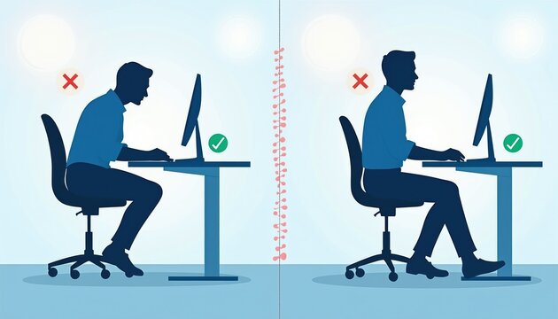 Man sits at desk with bad posture, then sits with correct posture, comparing spinal alignment. Incorrect slouch versus straight back shown at computer. Good sitting position for bone health.