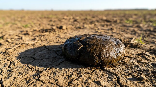 Dried cow dung on cracked soil, rural manure patty close-up, arid ground texture for agriculture and environment