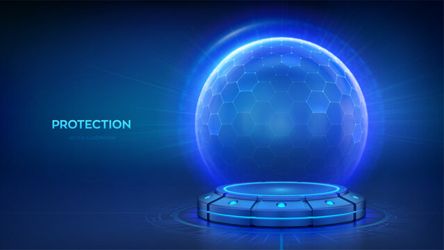Protection sphere shield with hexagon pattern on blue background. Protection and safety concept. Glass dome shield on futuristic podium or pedestal with glowing blue lights. Vector illustration.