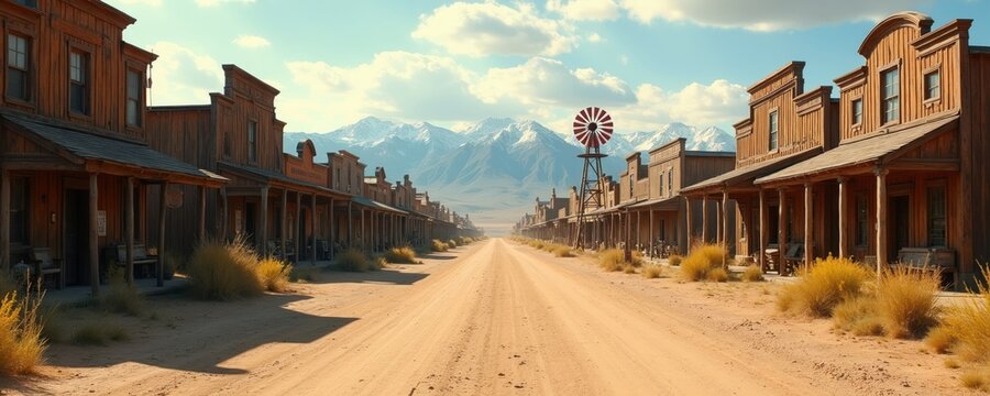 Empty dirt road stretches through deserted old western town. Wooden buildings line street with dry grass. Snowy mountains rise under bright sky.