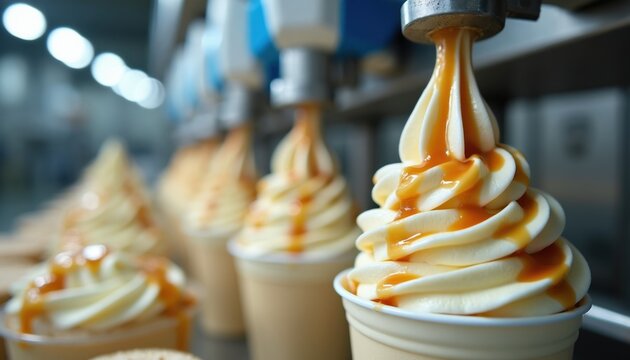 Soft serve ice cream machine dispenses creamy dessert with caramel topping. Frozen dessert swirls into cup. Multiple cups line up for serving sweet treats.