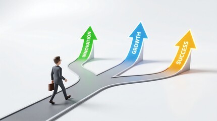 Obraz premium Man on Path Splitting Three Ways with Upward Arrows Multiple Success Paths Choice Direction 3D Render