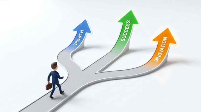 Man on Path Splitting Three Ways with Upward Arrows Multiple Success Paths Choice Direction 3D Render