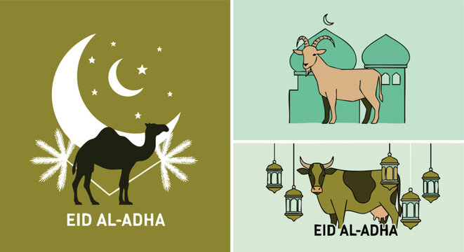 Eid Al-Adha Celebration Illustration Set. Islamic Festival Vector Graphics. Flat Religious Icons.