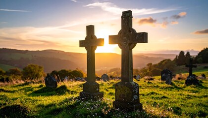 Two stone crosses silhouetted against a vibrant sunset in a cemetery, with rolling green hills in the background