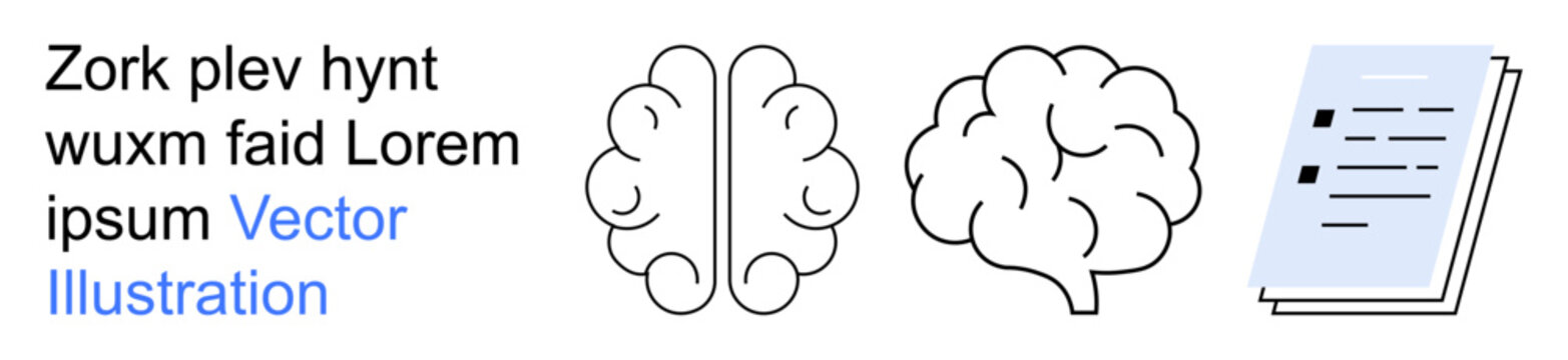 Education, creativity, innovation, knowledge sharing, mental processes, academic work. Split brain diagram, stylized brain and a document. Education and creativity in knowledge sharing and academic