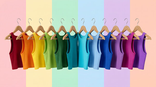 A vibrant spectrum of sleeveless tops displayed on hangers against a pastel striped background, showcasing a full rainbow of colors