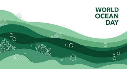 World Ocean Day Banner. Vector Illustration. Abstract Paper Cut Style. Green Wave Texture. Web Header © khafid