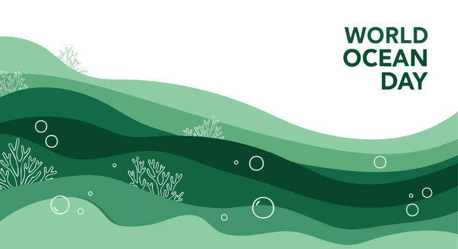 World Ocean Day Banner. Vector Illustration. Abstract Paper Cut Style. Green Wave Texture. Web Header