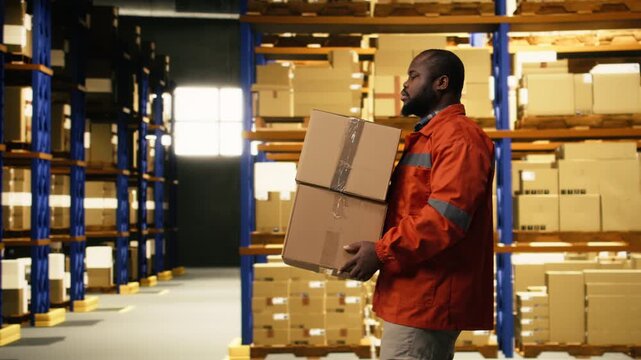 African american worker securing packages for dispatch in industrial facility. E-commerce operations depend on reliable workforce, cargo organization and safety practices for workflow.