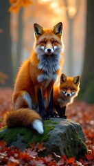 Fototapeta premium Red fox adult and cub sit on mossy rock. Autumn forest ground covered with colorful fallen leaves. Warm sunlight illuminates furry animals watching attentively.