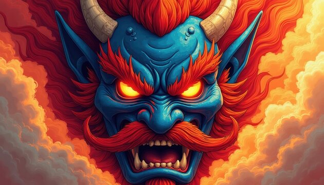 Blue faced mythical creature with horns, red fiery hair stares intensely with glowing yellow eyes. Mouth open showing sharp teeth, mustache. Background of orange, red clouds creates dramatic fantasy