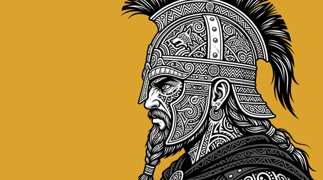 Viking Warrior Helmet Detailed Ornamental Pattern and Braid