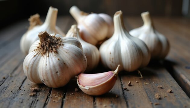 Several garlic bulbs and one clove rest on old wooden table. Garlic is fresh ingredient for cooking healthy food. Natural light makes texture visible. This vegetable is raw and organic.