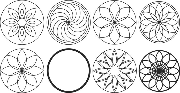Collection of eight circular geometric patterns and in black and white circle symmetrical