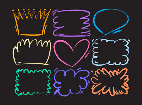 Nine various hand-drawn frames such as call out cloud or speech bubble, crown, heart and burst shapes. Textured one color gritty line elements. Vector artistic drawn silhouettes for communication