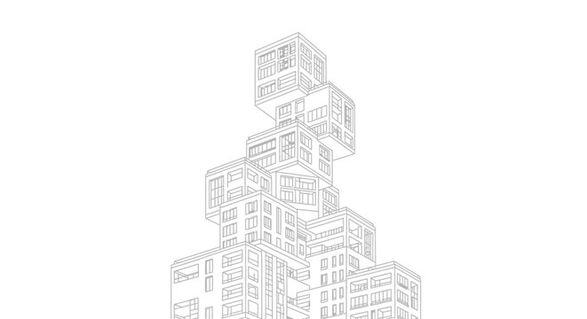 Modern Modular Skyscraper Architecture Line Art Drawing, Futuristic Apartment Building Blueprint Sketch for Urban Design and Construction Concepts