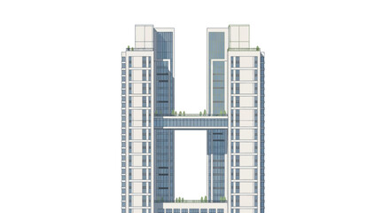 Fototapeta premium Modern H-Shaped Skyscraper Architecture Illustration with Skybridge and Twin Towers, Isolated Minimalist Building Design