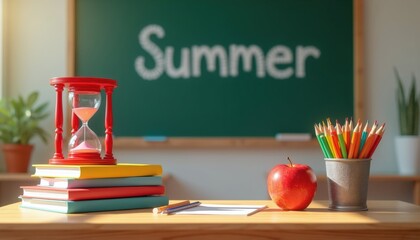 Fototapeta premium Classroom desk with books, apple, hourglass, and pencils. Green blackboard with Summer written on it. Back to school concept, learning and education scene.