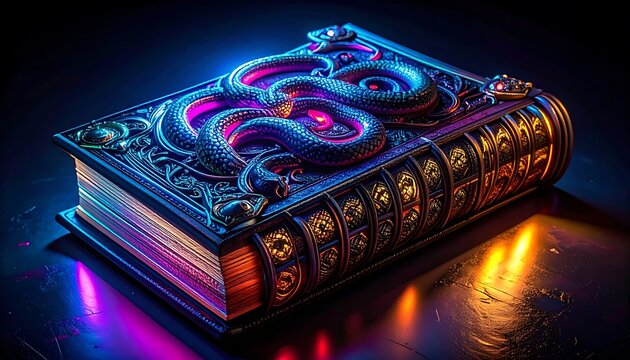 Ornate ancient book with intricate snake design on cover, illuminated by neon blue and purple mystical light, dark background, magical atmosphere