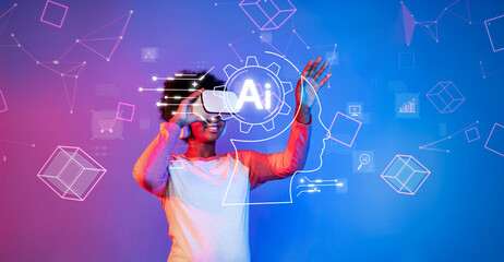 A young person engages with a virtual reality headset surrounded by vibrant AI graphics, illustrating the blend of technology, creativity, and future possibilities in digital interaction. XDMCP