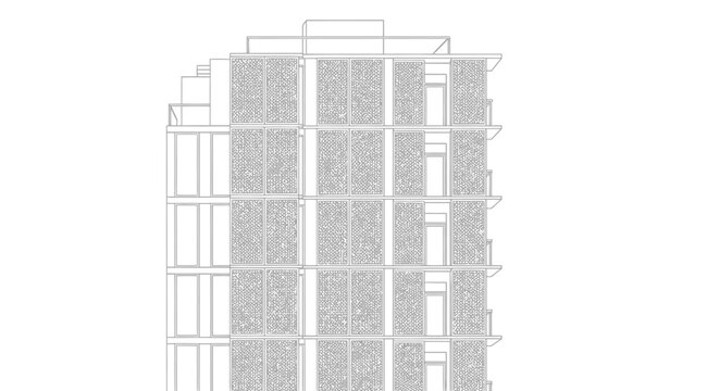 Modern Architectural Building Facade Sketch: Detailed Line Drawing of Contemporary Apartment Block