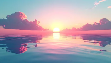 Fototapete Reflection Pixel art sunrise over calm ocean water, vibrant pink and blue clouds reflected in the shimmering sea, serene digital landscape  © Denita