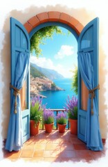 Naklejka premium Open blue doors reveal coastal town view. Balcony has potted lavender plants. Blue sea meets green hills under bright sky. Watercolor art style.