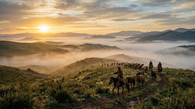 Sunrise over misty hills with horse herders, atmospheric rural landscape, golden early light, traditional lifestyle scene, distant figures and horses, realistic nature detail, polished travel and