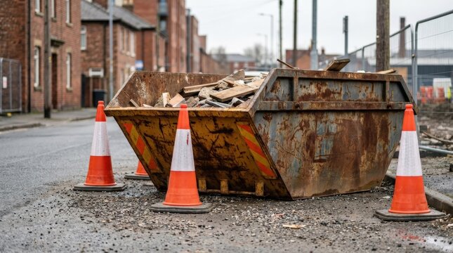 Rusty industrial metal skip with plastic safety cones on a roadside, urban construction and waste management concept with ample copy space, weathered container and traffic caution elements in a