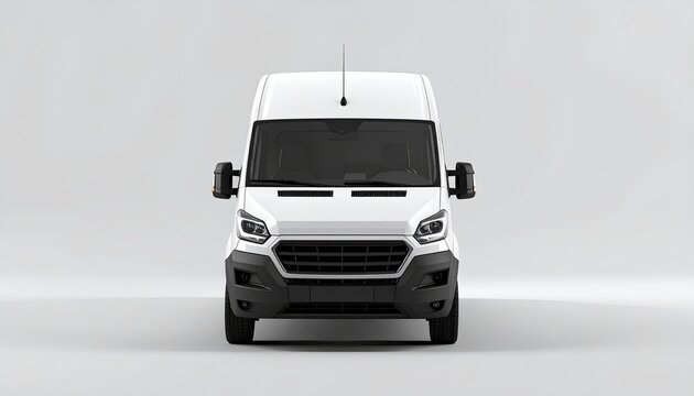 Front view of a clean, white cargo van with a dark grille