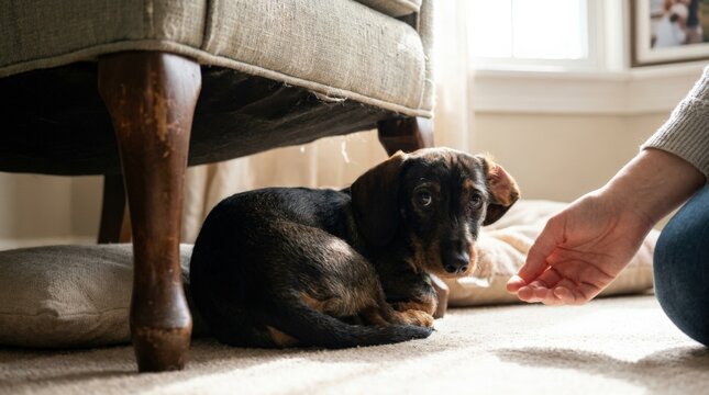 Anxious dachshund puppy hiding under furniture, expressive pet behavior concept for stress, fear, animal care and veterinary communication, emotional domestic scene with relatable realism and soft