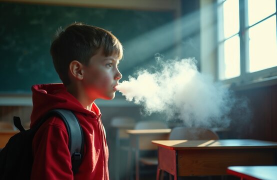 Schoolboy exhales vapor in classroom. Young student uses e-cigarette indoors near window. Peer pressure and bad habits issue. Dangerous teen lifestyle choices.