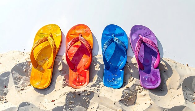 Row of four colorful pixelated flip-flops on sand, bright yellow, red, blue, and purple, representing summer vacation and beach fun