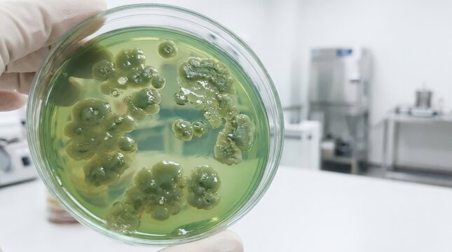 Green bacterial colony growth characteristic of Vibrio on selective agar medium with visible bubbles and varied textures in close-up, clinical healthcare concept, healthcare concept, clean white