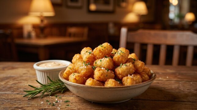 Tater tots in appetizing closeup, crispy comfort food scene for fast casual menus, snacks, restaurant branding and food styling themes, golden texture, warm light, realistic detail with polished