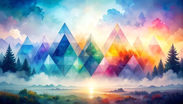Pixelated geometric mountain range at sunrise with colorful sky and misty landscape