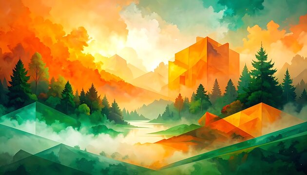 Pixelated landscape with geometric mountains and colorful sky, stylized forest, and river at sunrise, digital art, abstract nature