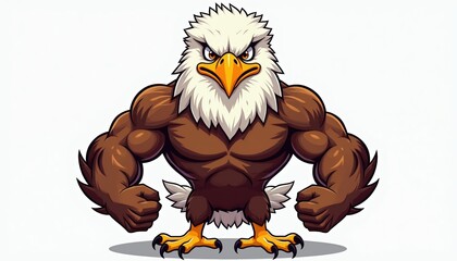 Naklejka premium Muscular eagle mascot poses aggressively. This powerful bird character with strong arms, sharp beak, and fierce eyes is perfect for sports teams or branding. Graphic shows bird of prey.