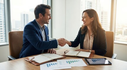 Obraz premium Financial advisor shaking hands with client in a meeting, trust, agreement and personal finance concept, professional consultation in a modern office, documents on the table, confident expressions,