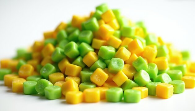Pile of small yellow and green candies creating a colorful sweet mound. Perfect for party favors, desserts, or fun food concepts. These sugary treats offer a vibrant visual appeal for any celebration.