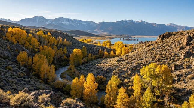 Autumn colors in the wilderness of Lee Vining, California, vibrant fall landscape with rugged terrain, seasonal foliage and crisp mountain air in a scenic outdoor setting, natural light, realistic