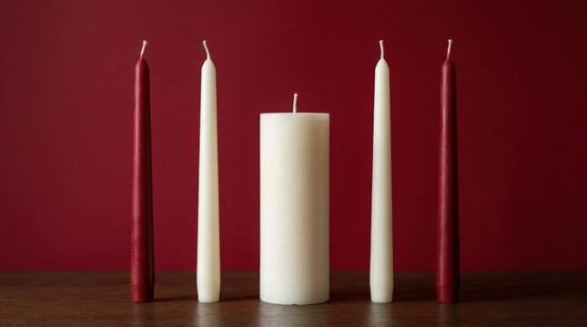 Red and white candles against a bold red background, festive minimal still life with clean symmetry and strong seasonal color, holiday decor, celebration and design concept, soft studio light,