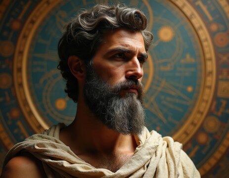 Portrait of ancient Greek mathematician Euclid with a beard and draped cloth. Background features a detailed astronomical chart or astrolabe. Man looks thoughtfully to the side.