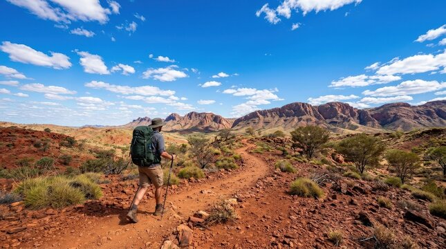 Blue sky and red earth of the Australian outback with a man hiking, dramatic travel landscape with solo adventure and rugged terrain, exploration, freedom and nature concept, expansive horizon, bright