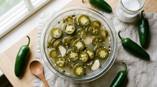 Bowl with jalapeno slices in brine liquid on light background top view. Fresh green chili pickling process with seeds visible, fresh produce still life with clean styling and rich texture, soft